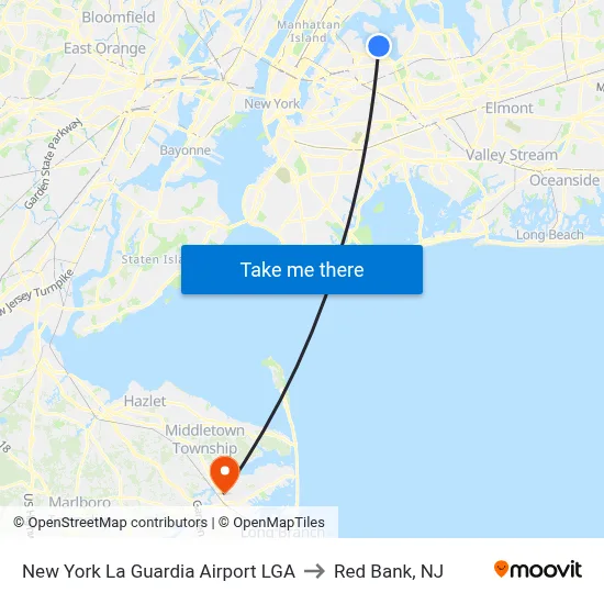 New York La Guardia Airport LGA to Red Bank, NJ map