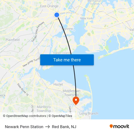 Newark Penn Station to Red Bank, NJ map