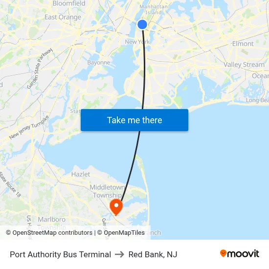 Port Authority Bus Terminal to Red Bank, NJ map