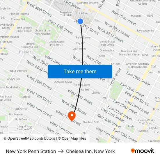 New York Penn Station to Chelsea Inn, New York map
