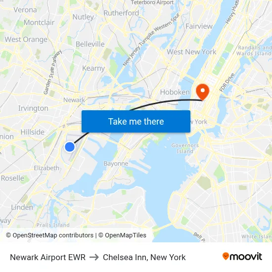 Newark Airport EWR to Chelsea Inn, New York map