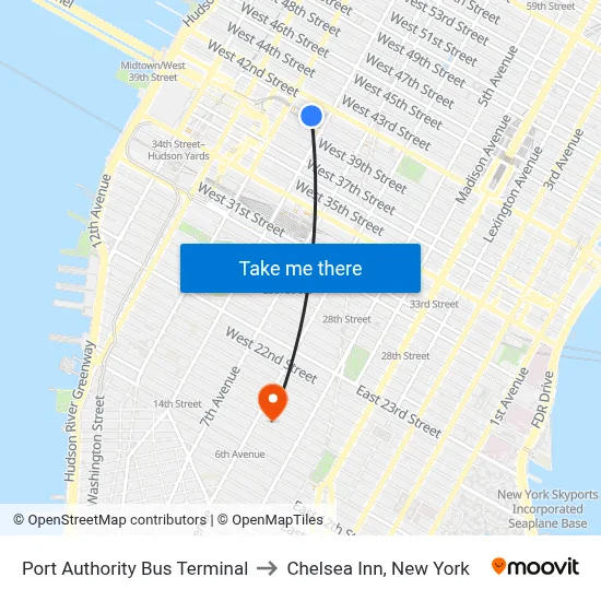 Port Authority Bus Terminal to Chelsea Inn, New York map
