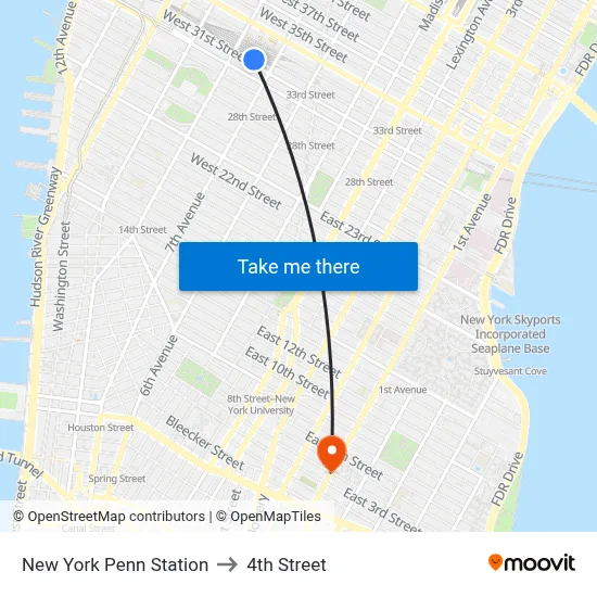 New York Penn Station to 4th Street map