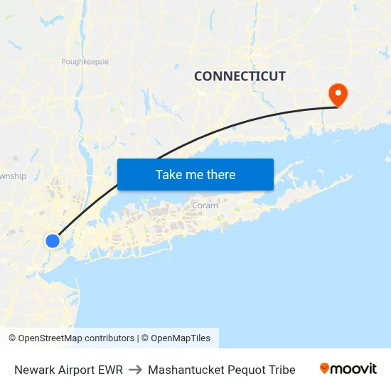 Newark Airport EWR to Mashantucket Pequot Tribe map