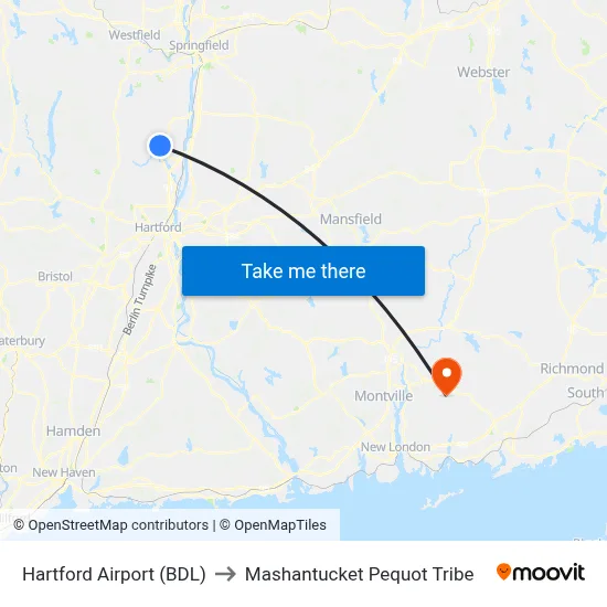 Hartford Airport (BDL) to Mashantucket Pequot Tribe map