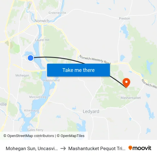 Mohegan Sun, Uncasville to Mashantucket Pequot Tribe map
