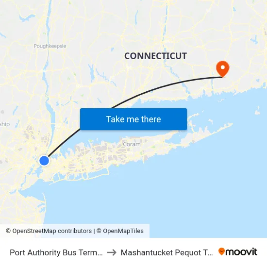 Port Authority Bus Terminal to Mashantucket Pequot Tribe map
