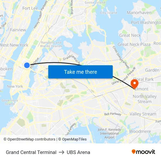 Grand Central Terminal to UBS Arena map