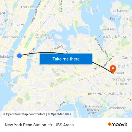 New York Penn Station to UBS Arena map
