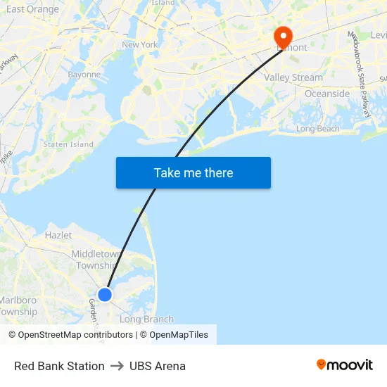 Red Bank Station to UBS Arena map