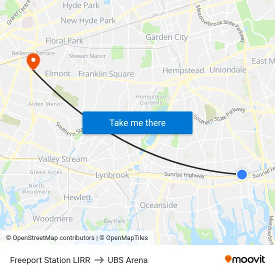 Freeport Station LIRR to UBS Arena map