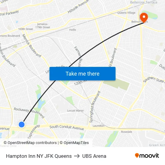 Hampton Inn NY JFK Queens to UBS Arena map
