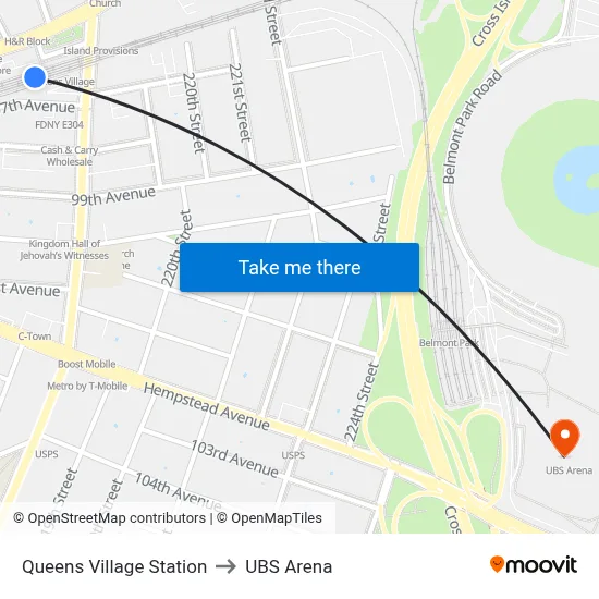 Queens Village Station to UBS Arena map