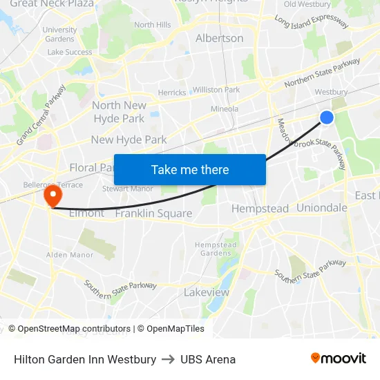 Hilton Garden Inn Westbury to UBS Arena map