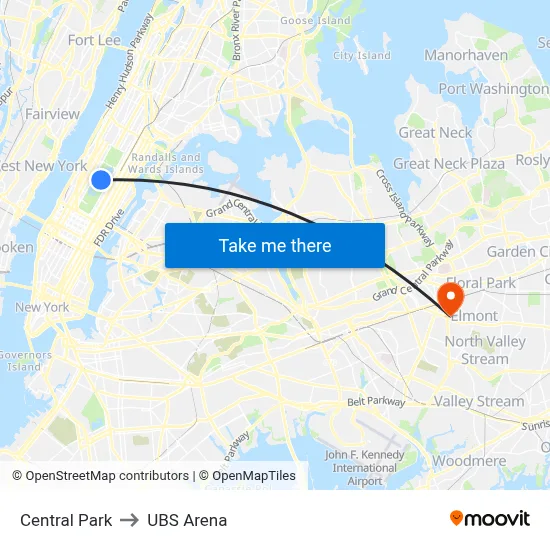 Central Park to UBS Arena map