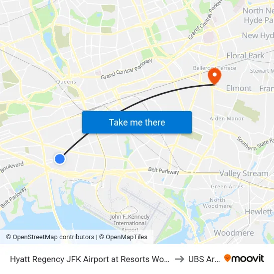 Hyatt Regency JFK Airport at Resorts World New York to UBS Arena map