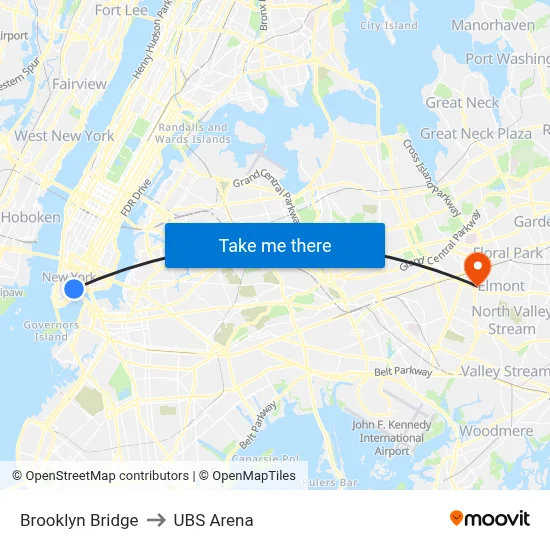 Brooklyn Bridge to UBS Arena map