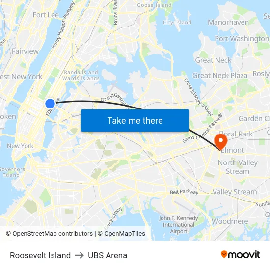 Roosevelt Island to UBS Arena map