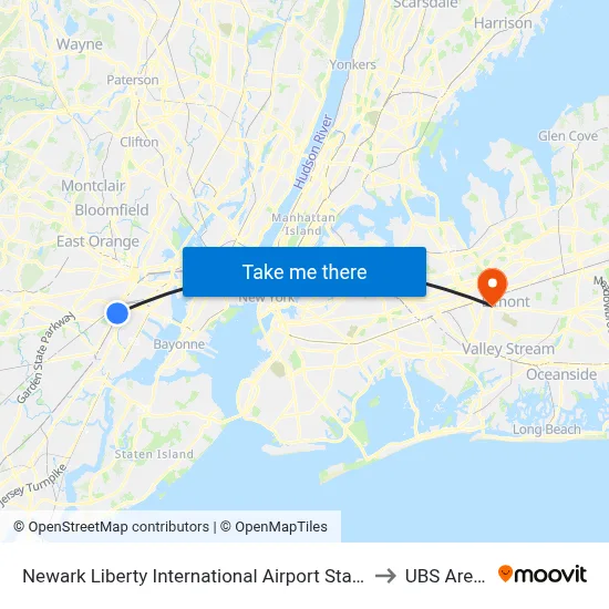 Newark Liberty International Airport Station to UBS Arena map