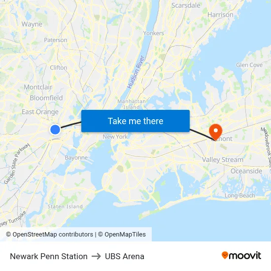 Newark Penn Station to UBS Arena map