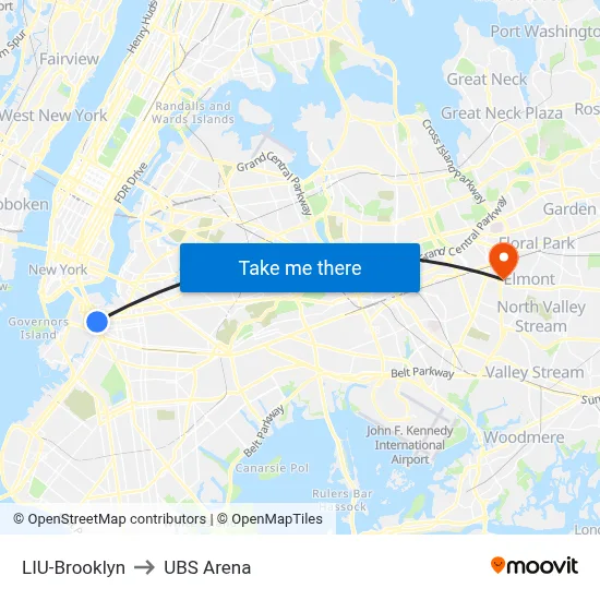 LIU-Brooklyn, 1 University Plz to UBS Arena map