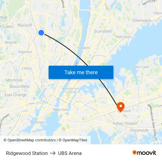 Ridgewood Station to UBS Arena map