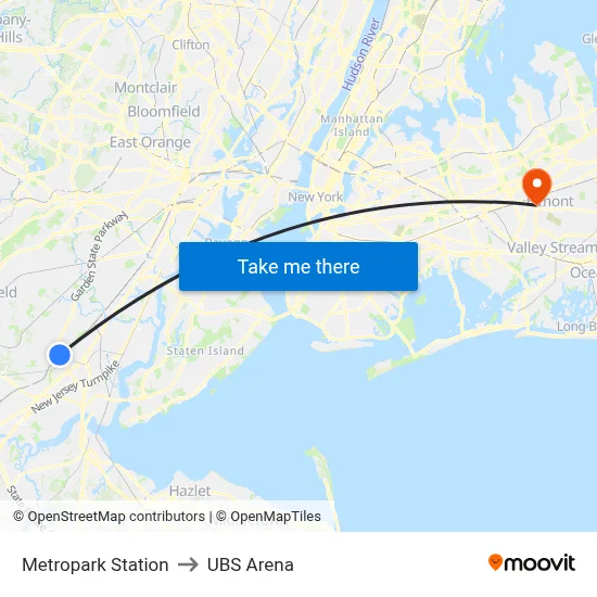 Metropark Station to UBS Arena map