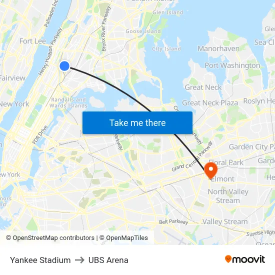 Yankee Stadium to UBS Arena map