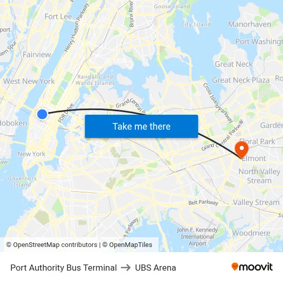 Port Authority Bus Terminal to UBS Arena map