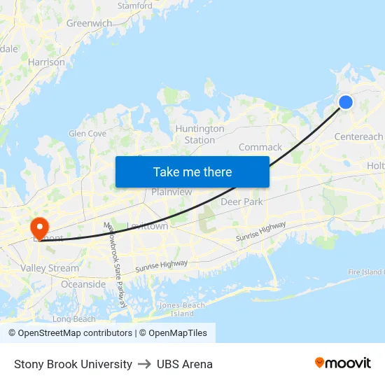 Stony Brook University to UBS Arena map