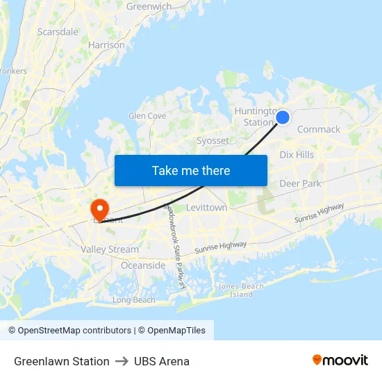 Greenlawn Station to UBS Arena map