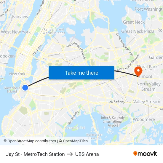 Jay St - MetroTech Station to UBS Arena map