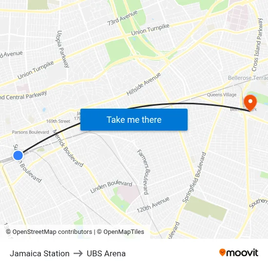 Jamaica Station to UBS Arena map
