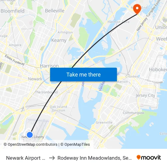 Newark Airport EWR to Rodeway Inn Meadowlands, Secaucus map