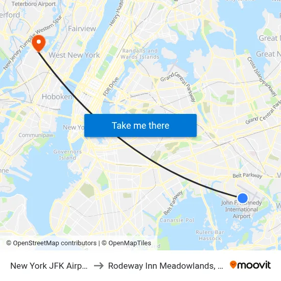 New York JFK Airport JFK to Rodeway Inn Meadowlands, Secaucus map