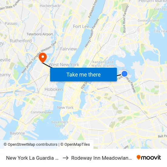 New York La Guardia Airport LGA to Rodeway Inn Meadowlands, Secaucus map