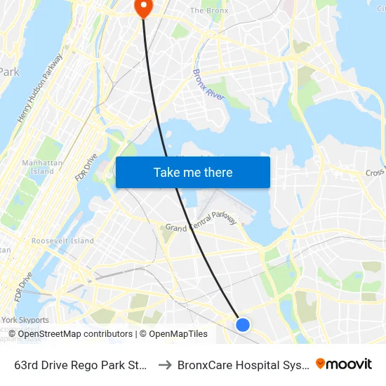 63rd Drive Rego Park Station to BronxCare Hospital System map