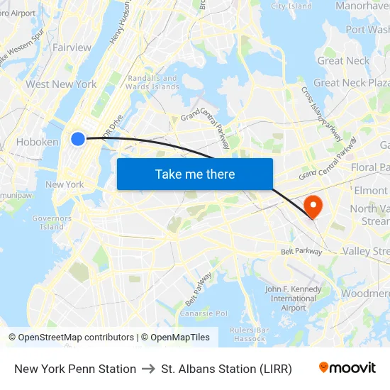 New York Penn Station to St. Albans Station (LIRR) map