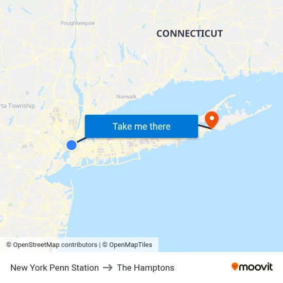 New York Penn Station to The Hamptons map