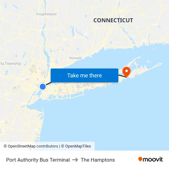 Port Authority Bus Terminal to The Hamptons map