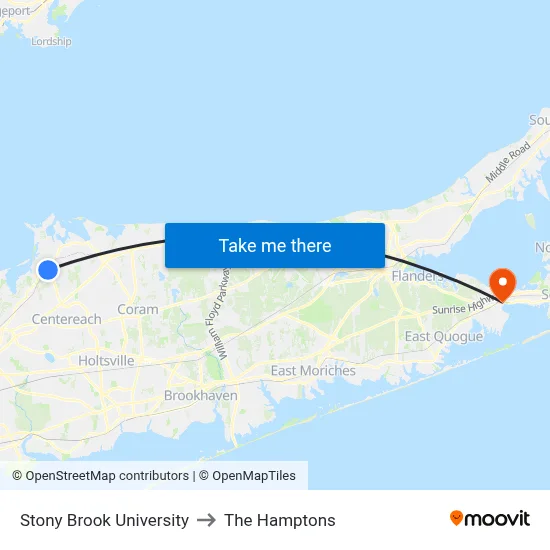 Stony Brook University to The Hamptons map