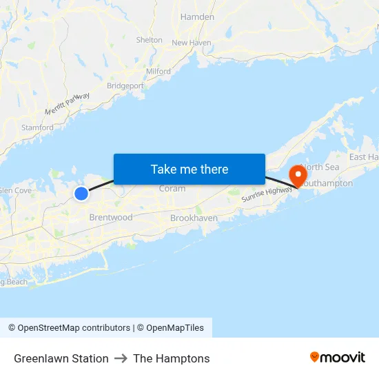 Greenlawn Station to The Hamptons map