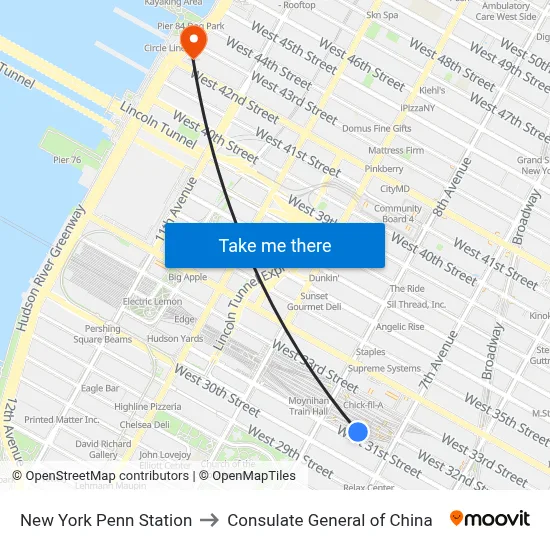 New York Penn Station to Consulate General of China map
