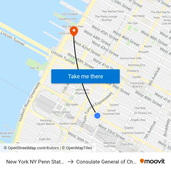 New York NY Penn Station to Consulate General of China map