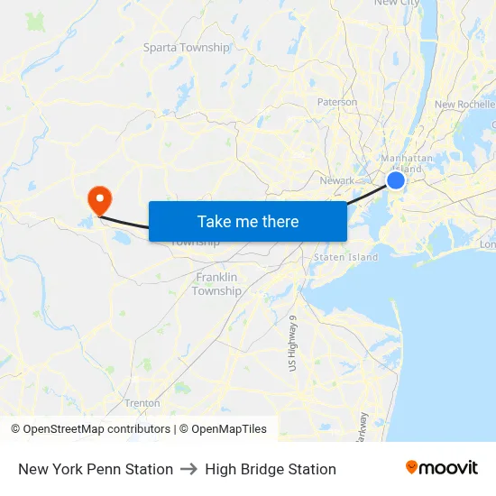 New York Penn Station to High Bridge Station map