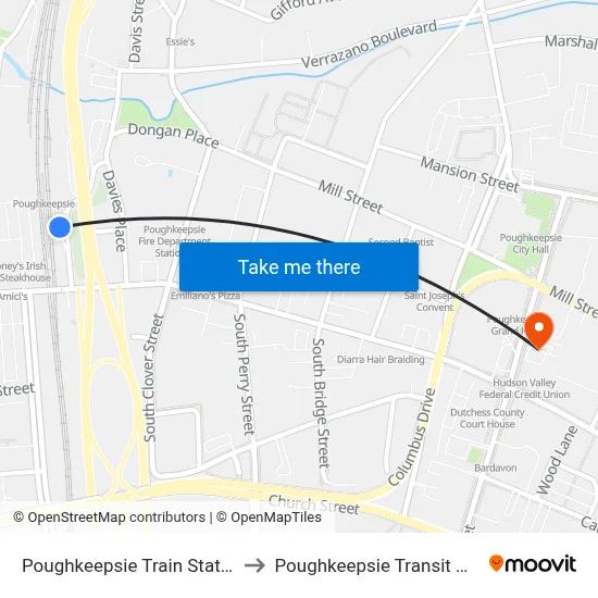 Poughkeepsie Train Station to Poughkeepsie Transit Hub map