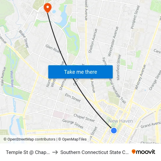 Temple St @ Chapel St to Southern Connecticut State College map