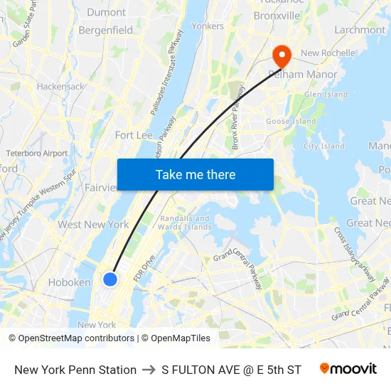 New York Penn Station to S FULTON AVE @ E 5th ST map