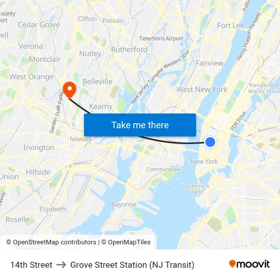 14th Street to Grove Street Station (NJ Transit) map