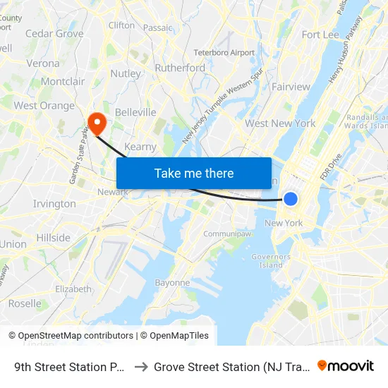 9th Street Station PATH to Grove Street Station (NJ Transit) map